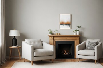 Beautiful living room interior with armchairs, lamp, and beautiful painting on the wall in a retro style.