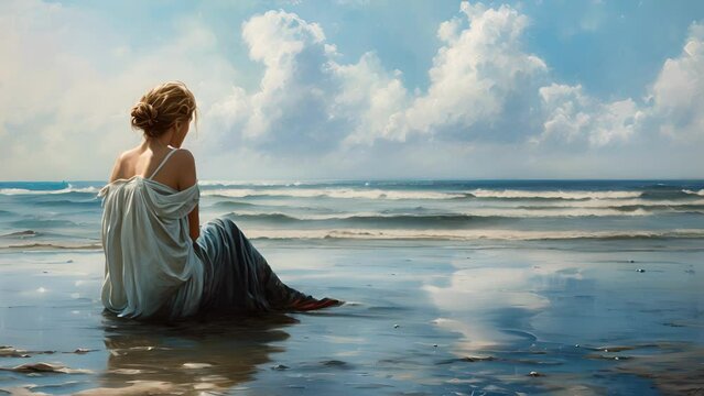 The calmness of the sea and the stillness of the artists mind are perfectly mirrored in the tranquil painting before her.
