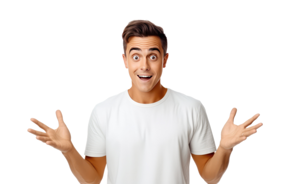 man excited smiling funny guy on white or PNG transparent background.