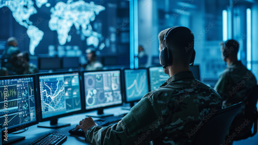 Poster military personnel is focused on monitoring multiple computer screens in a high-tech surveillance ro