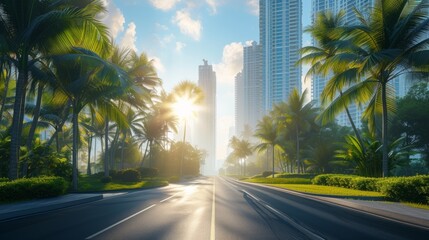 Palm-lined avenue in the city - obrazy, fototapety, plakaty
