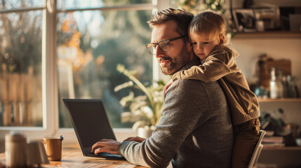 Father working from home with his child near his shoulder