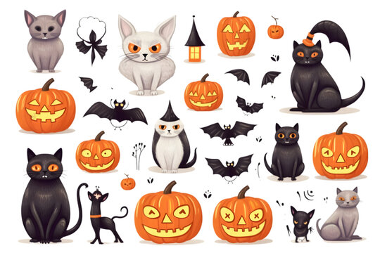 Happy Halloween set of elements, ghost, pumpkin, bat and cat. Vector is cute illustration in hand drawn style isolated on white background. Generative AI.