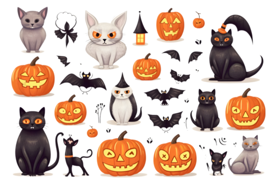 Happy Halloween set of elements, ghost, pumpkin, bat and cat. Vector is cute illustration in hand drawn style isolated on white background. Generative AI.