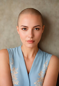 Portrait of a beautiful bald young woman in close-up with clean fresh skin
