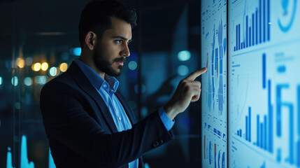 Man in business attire interacting with a futuristic digital interface displaying graphs and data analytics.