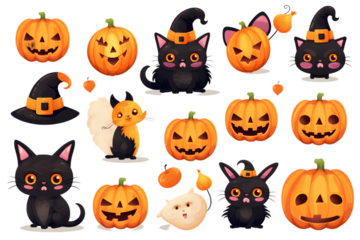 Happy Halloween. Vector cute illustrations of objects- pumpkin head, black cat, funny skeleton, ghosts, eyes for postcard creation isolated on white background. Generative AI.