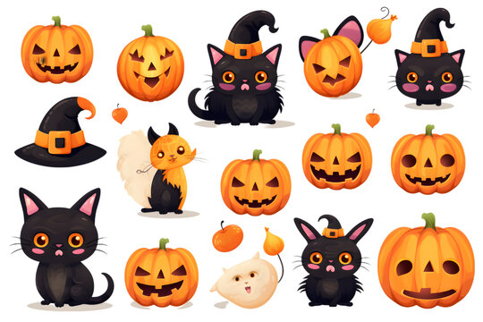Happy Halloween. Vector cute illustrations of objects- pumpkin head, black cat, funny skeleton, ghosts, eyes for postcard creation isolated on white background. Generative AI.