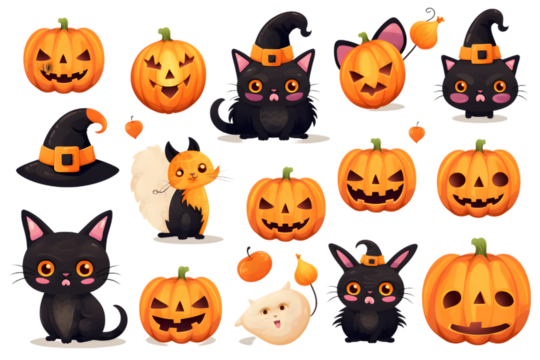 Happy Halloween. Vector cute illustrations of objects- pumpkin head, black cat, funny skeleton, ghosts, eyes for postcard creation isolated on white background. Generative AI.
