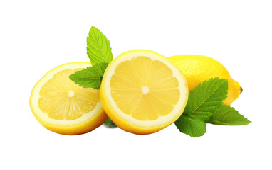 lemon slices with mint leaves on white or PNG transparent background.