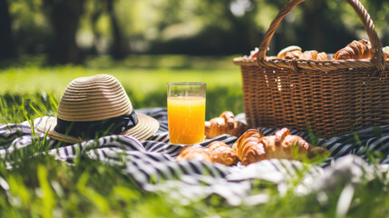 Picnic setup with a straw hat, a glass of orange juice, and fresh croissants on a blanket next to a wicker basket in a grassy park. - obrazy, fototapety, plakaty