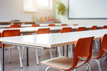 Blurred background classroom interior with blackboard and orange chair. Generative ai