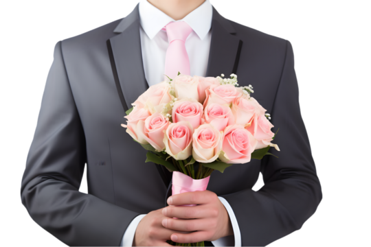 Mid section of groom holding a wedding bouquet isolated on the white background. Generative AI. - Powered by Adobe