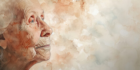 Artistic depiction of elderly woman's profile, gentle gaze, watercolor textures, soft color palette, serene expression, detailed wrinkles, wisdom, age, side view. Concept of International Women's Day. - obrazy, fototapety, plakaty