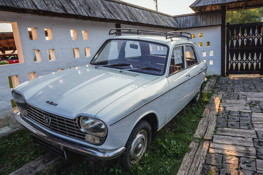 Kustendorf, Serbia - August 28, 2015: Peugeot 204 car in Kustendorf village, also called Drvengrad built by Emir Kusturica