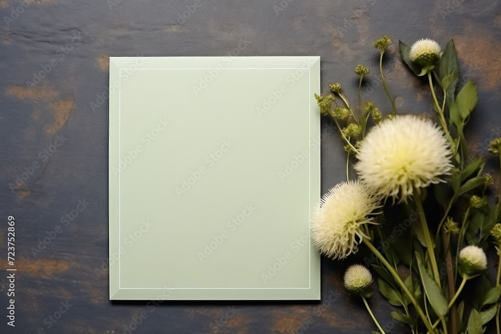 Poster a blank framed card on a rustic table, creating a fresh and elegant workspace or note-taking setting