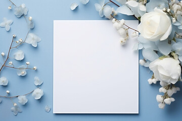A white blank card with a tender floral setting on a table, perfect for a wedding invitation or greeting.
