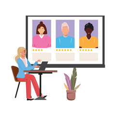 Business online concept. Isolated white background. Internet network concept. Corporate room. Business meeting. Young woman.