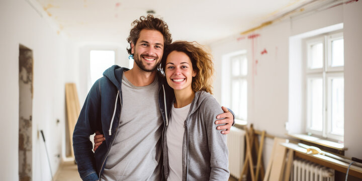 A happy, smiling adult couple embracing in their new apartment during relocation and refurbishment.