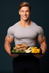 A cheerful and muscular fitness model smiling while holding a tray of balanced dinner.