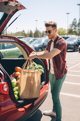 A cheerful man loading groceries into the trunk of his car, ready for a journey.