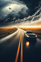 A fast car speeds through a stormy landscape on a wet highway under dramatic skies.