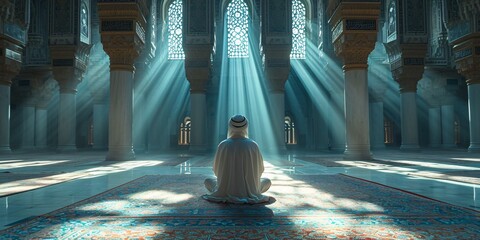 Obraz premium Sunlight Beams Through Arches in a Grand Mosque Generative AI