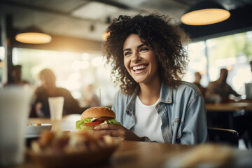 A portrait of an excited woman in a cafe, enjoying a delicious burger for lunch. - obrazy, fototapety, plakaty