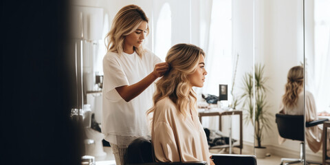 A focused stylist provides professional service to a pretty client in a beauty salon.