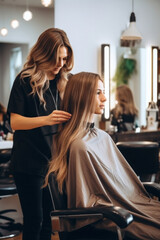 A professional hairstylist at a salon, carefully preparing to cut the hair of a client.