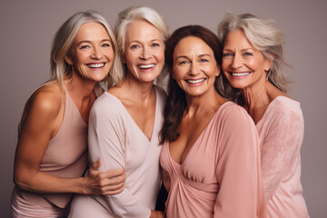 Obraz premium A cheerful group of diverse retired women enjoying togetherness and laughter in a studio portrait.
