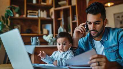 Young man multitasking at home; he is holding a baby with one hand and examining papers with the other while talking on the phone.