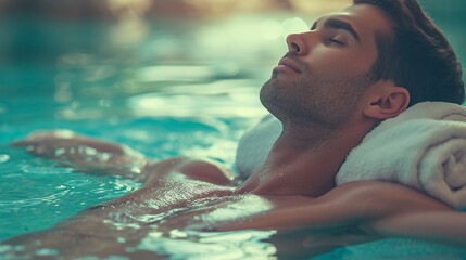 Attractive man relaxing in jacuzzi. 