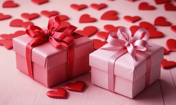 The image features two presents wrapped in pink paper and tied with red bows. They are placed in front of a background of red hearts.