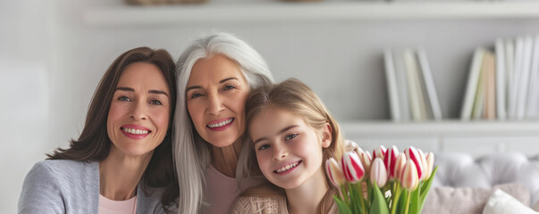 Three generations of women smiling together in a cozy home setting, holding pink tulips, radiating happiness, love, and family warmth. Concept of International Women's Day.