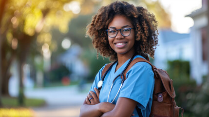 Cheerful young woman, a blue scrub, and a stethoscope stands confidently outdoors with a leather backpack, indicating she is a medical student