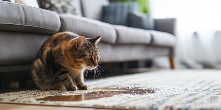 Le chat a fait pipi par terre et est assis &agrave; c&ocirc;t&eacute; de lui