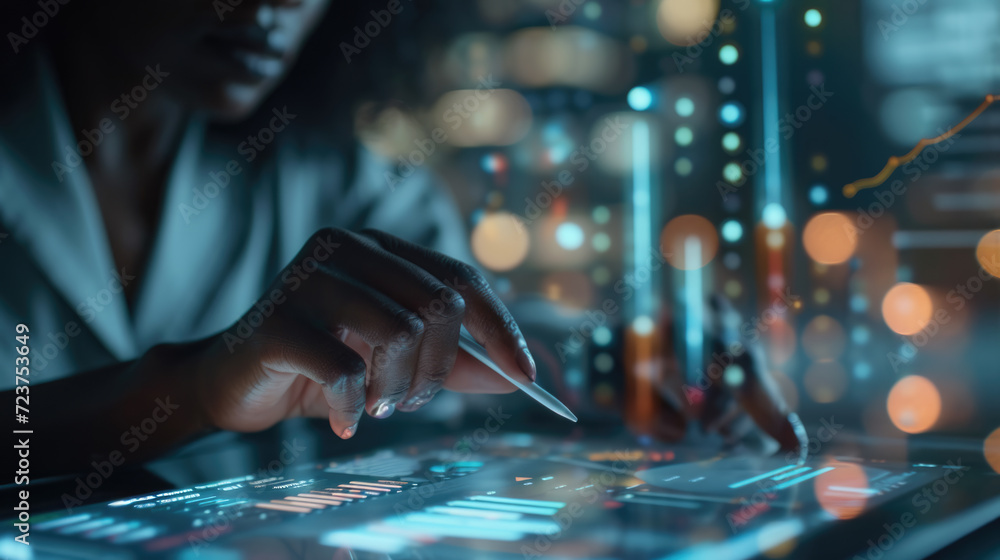 Poster person interacting with a futuristic touchscreen interface, analyzing data and graphs with a stylus 