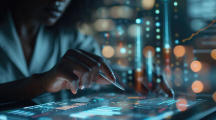 Person interacting with a futuristic touchscreen interface, analyzing data and graphs with a stylus pen