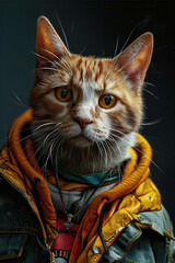 Portrait of street gang cat dressed in hoodie on dark background. Artistic and creative sketch generated by AI.