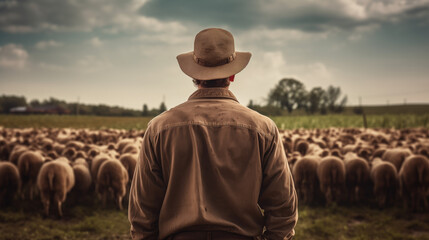 Farmer with sheep herd on background. Shepherd in hat watching at sheep