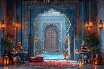 Arabian Nights Themed Living Room with Blue Arched Doorway Generative AI