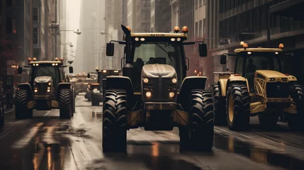 Tuinposter Tractors block streets realistic photo. Farmers strike wallpaper © yLemon