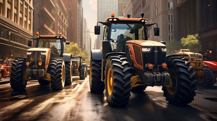 Tractors block city streets realistic photo. Farmers strike wallpaper