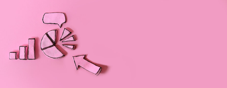 Banner with financial statements chart and speech bubble. Pie chart. Statistical data. Business concept. Marketing strategy, research. 3d chart show success of business strategy