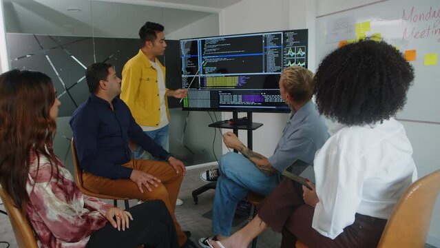 Long shot of young Asian businessman presenting his project for team standing near screen with programming code