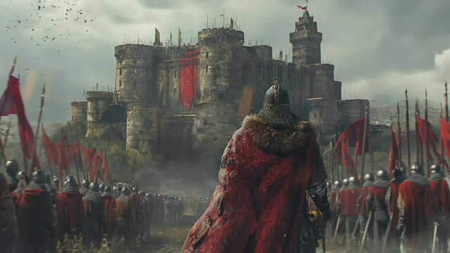 Medieval war atmosphere, troops besieging the fortress. seamless looping 4k time-lapse animation video background