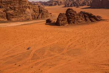 Wadi Rum Desert in Jordan. On the Sunset. Panorama of beautiful sand pattern on the dune. Desert...