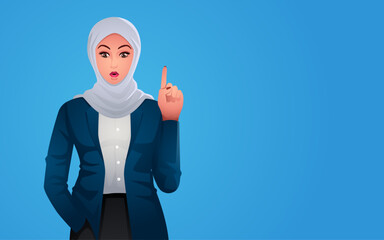 Fototapeta na wymiar Beautiful Muslim businesswoman exuding confidence and elegance in stylish hijab fashion, depicts her pointing up, symbolizing aspiration and direction