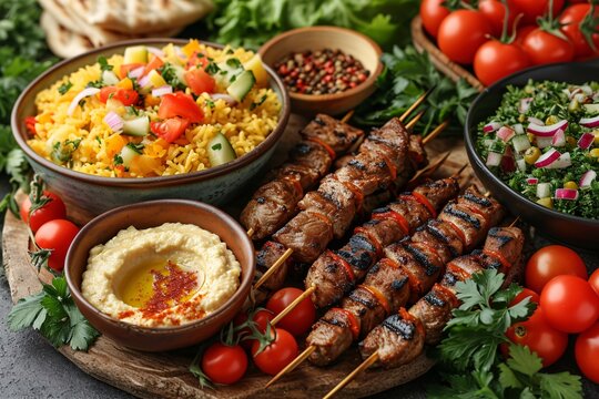 Sizzling Summer Skewers: A Tasty Trio of Meat, Veggies, and Hummus Generative AI